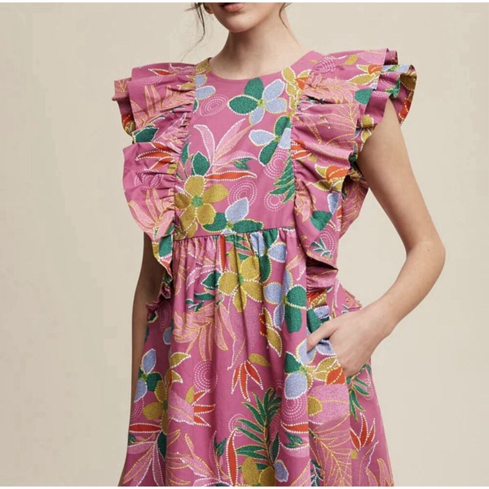Listicle Odin Pink Floral Tropical Ruffle Mini Dress Size Medium